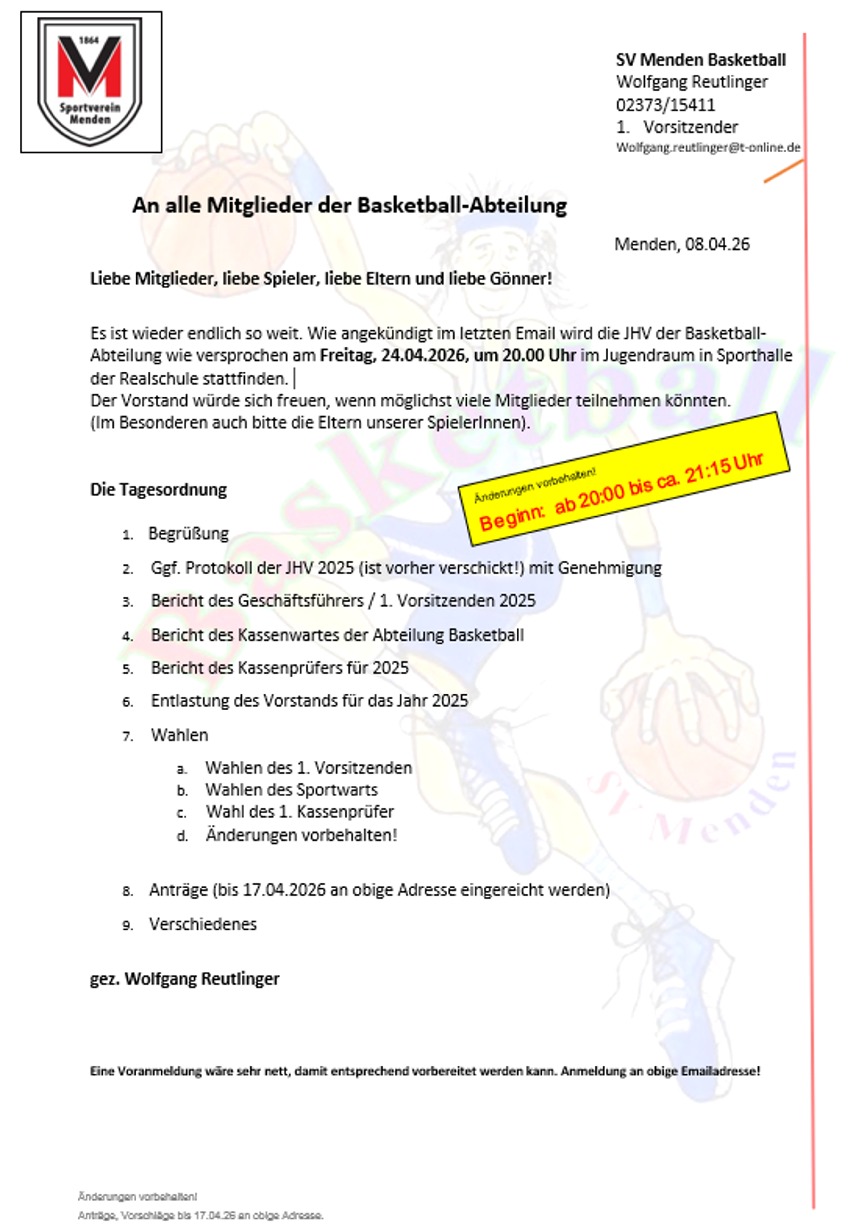 Einladung der Basketballer zur JHV